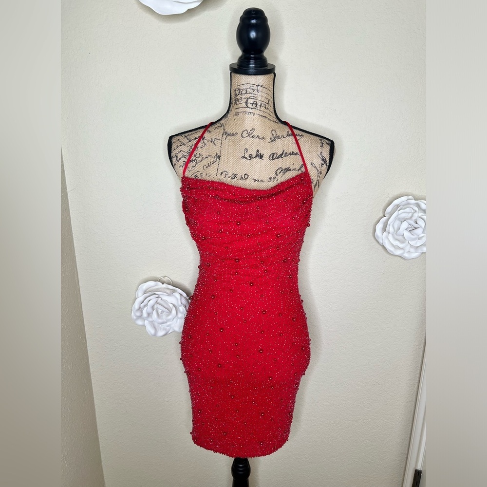 The Vintage Shop Red Beaded Backless Mini Dress